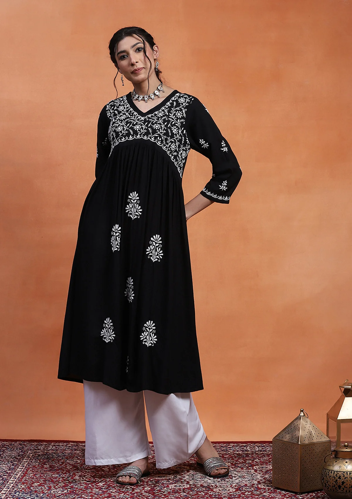 HOC Rayon Chikankari Solid Women's Long Kurta  - Black - Image 2