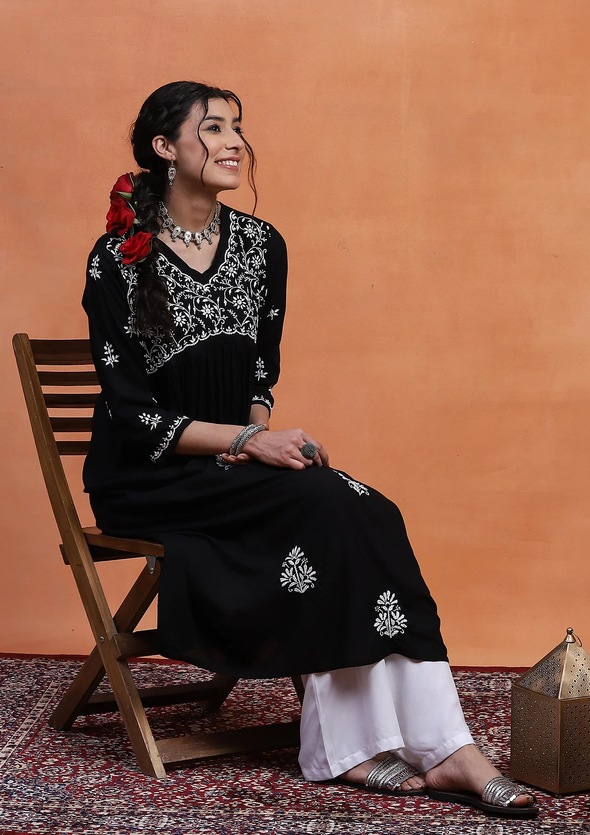 HOC Rayon Chikankari Solid Women's Long Kurta  - Black - Image 3