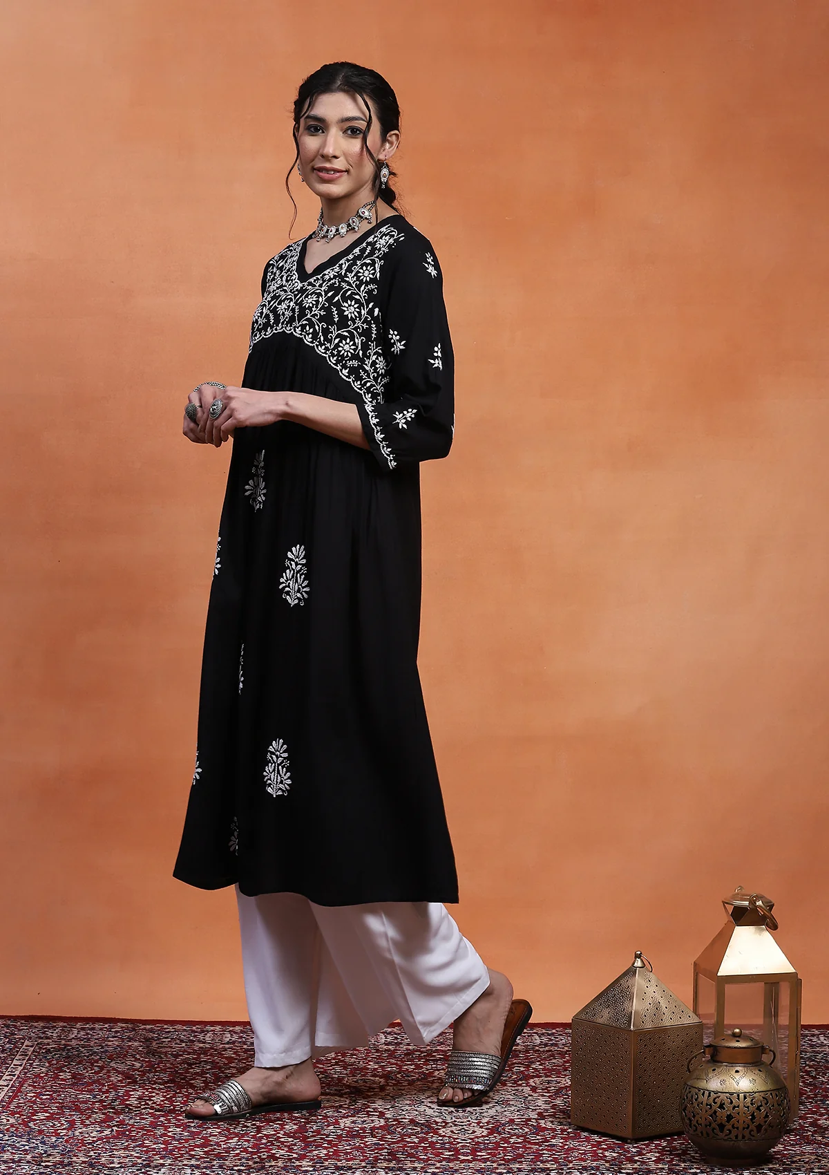 HOC Rayon Chikankari Solid Women's Long Kurta  - Black - Image 4
