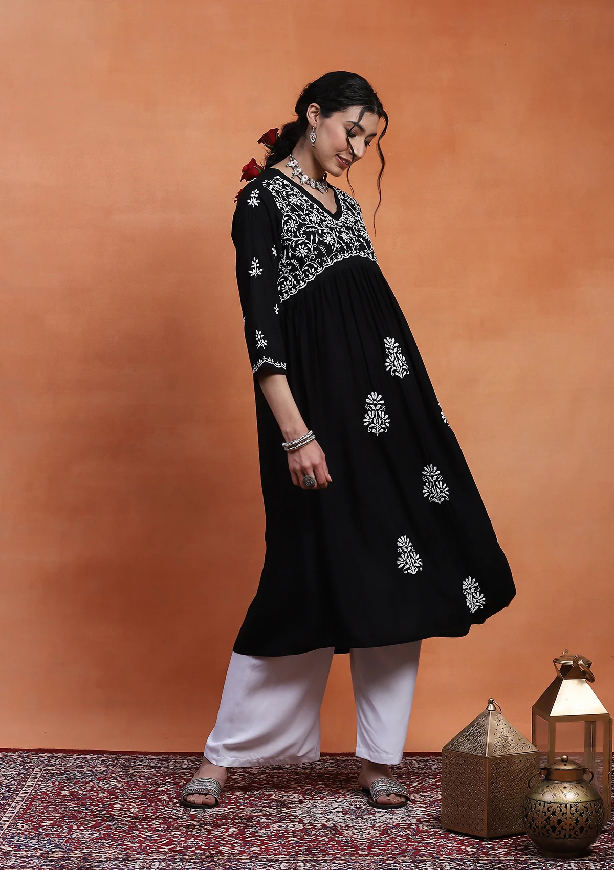 HOC Rayon Chikankari Solid Women's Long Kurta  - Black - Image 5