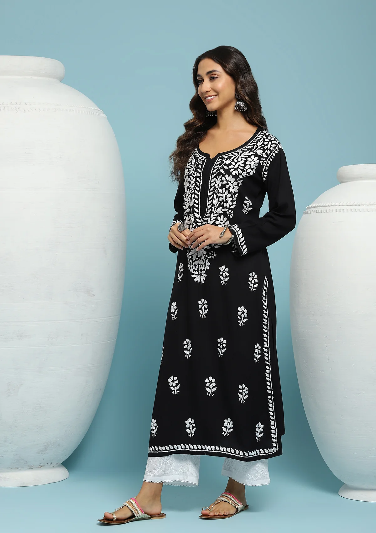 HOC Rayon Chikankari Solid Women's Long Kurta - Black - Image 4
