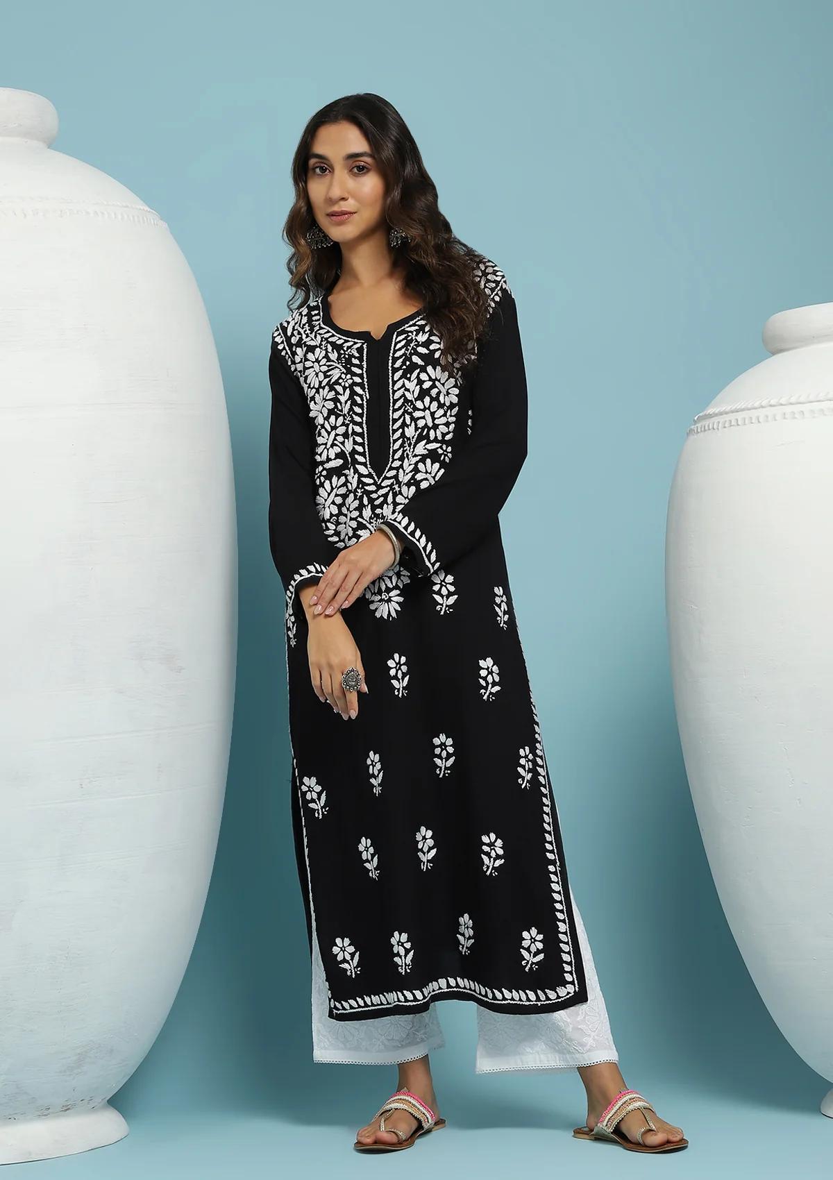 HOC Rayon Chikankari Solid Women's Long Kurta - Black - Image 6