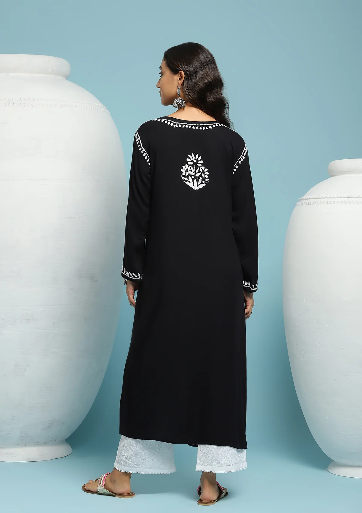 HOC Rayon Chikankari Solid Women's Long Kurta - Black - Image 7