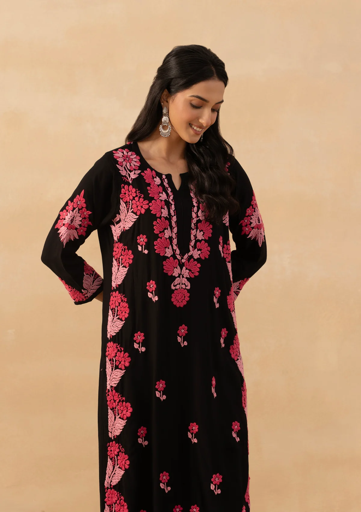 HOC Rayon Chikankari Solid Women's Long Kurta - Black - Image 2