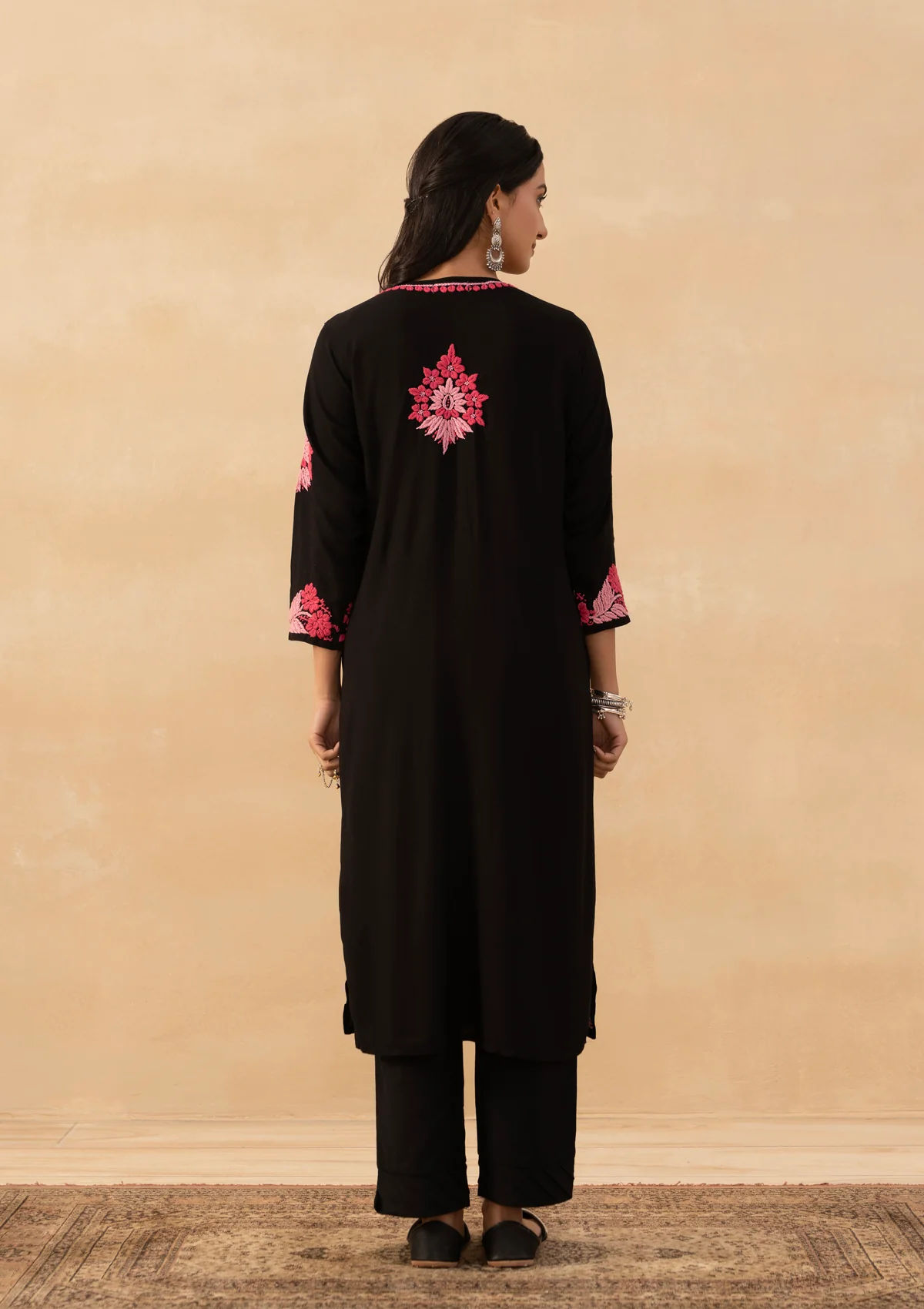 HOC Rayon Chikankari Solid Women's Long Kurta - Black - Image 6