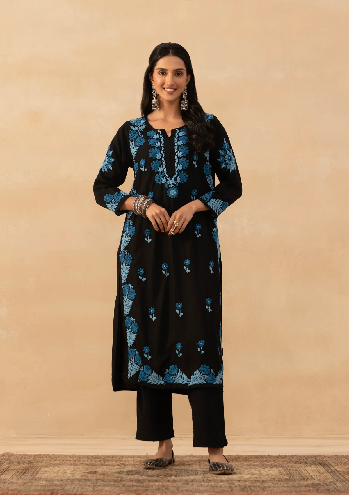 HOC Rayon Chikankari Solid Women Long Kurta - Black
