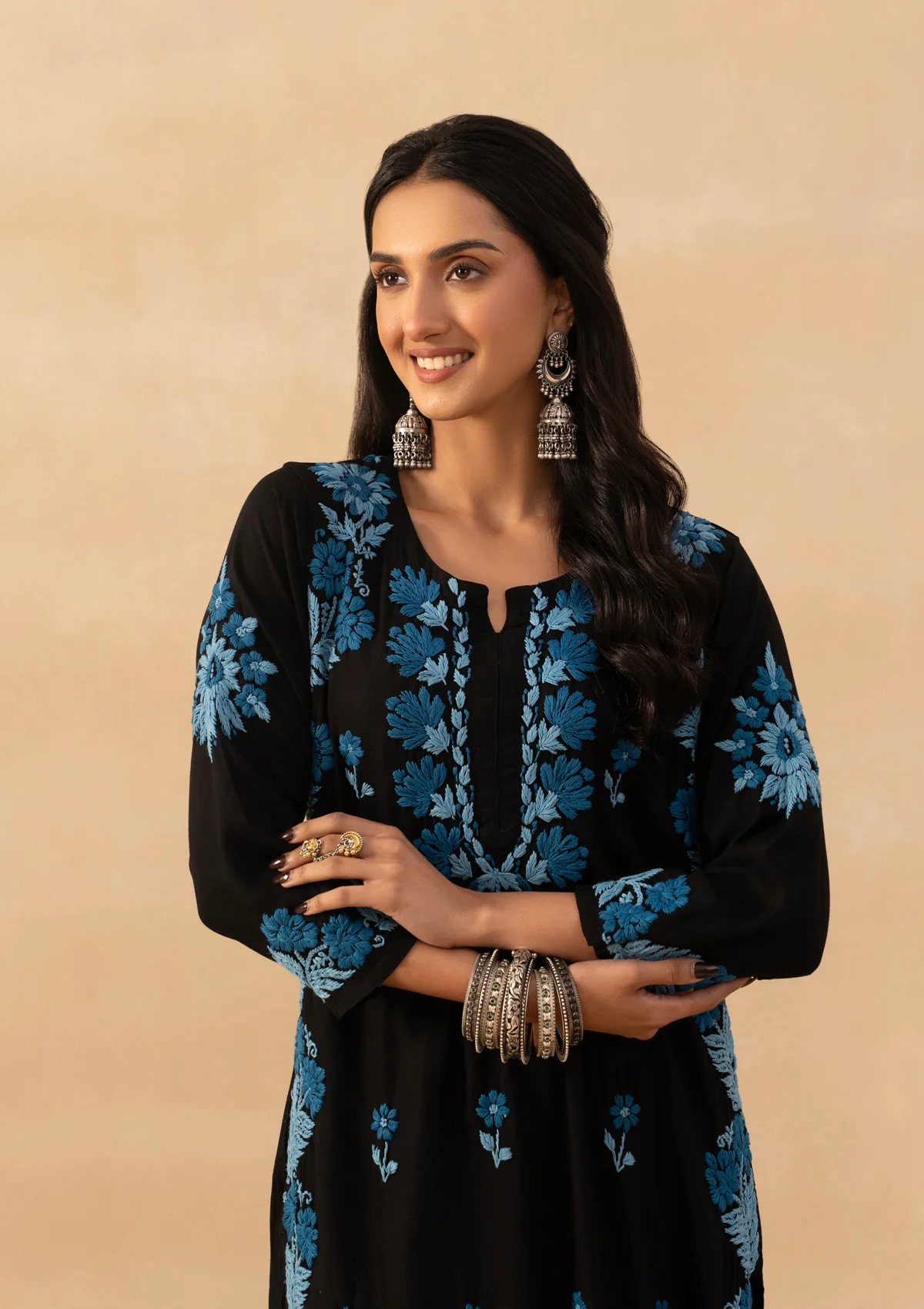 HOC Rayon Chikankari Solid Women Long Kurta - Black - Image 2