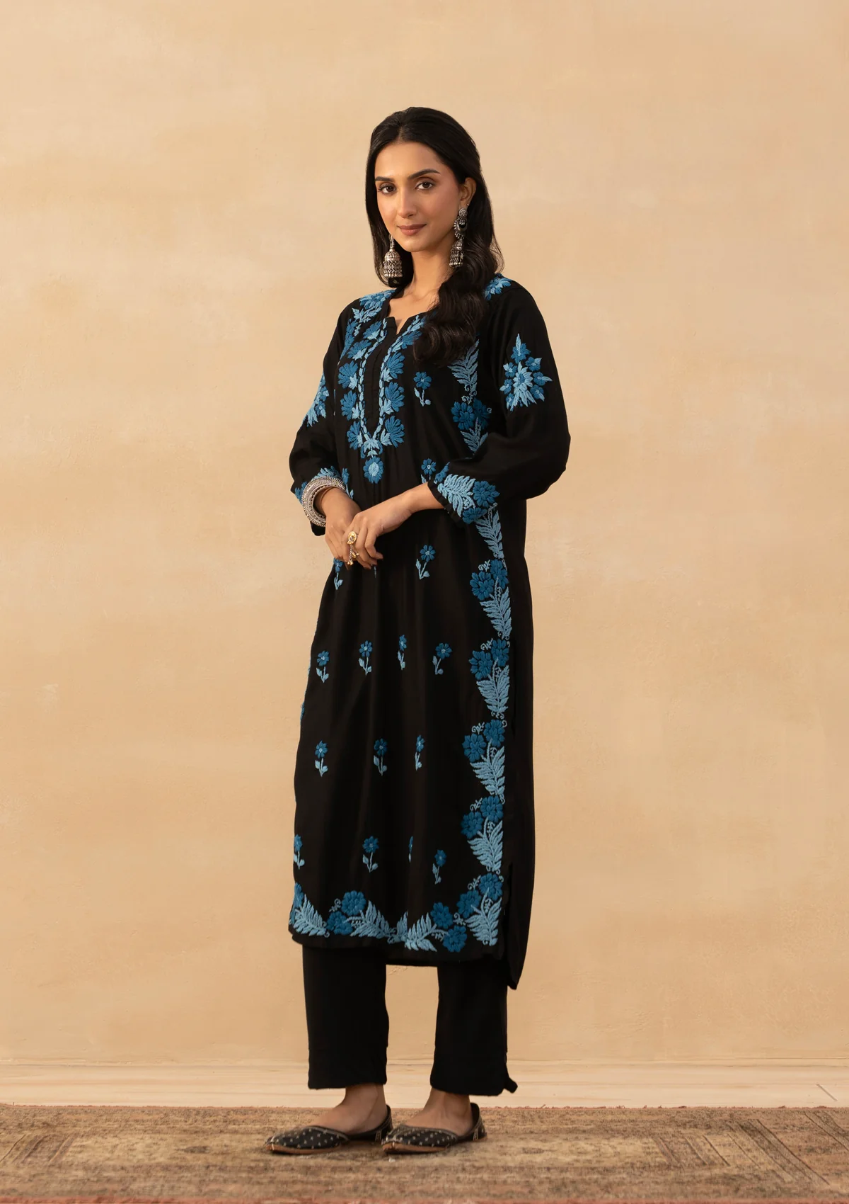 HOC Rayon Chikankari Solid Women Long Kurta - Black - Image 4
