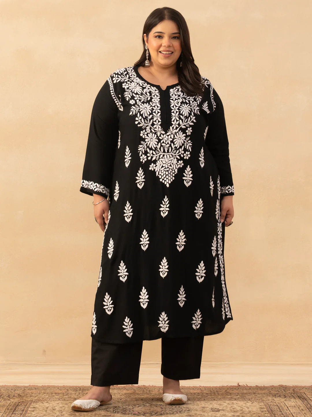HOC Rayon Chikankari Solid Women's Long Kurta - Black