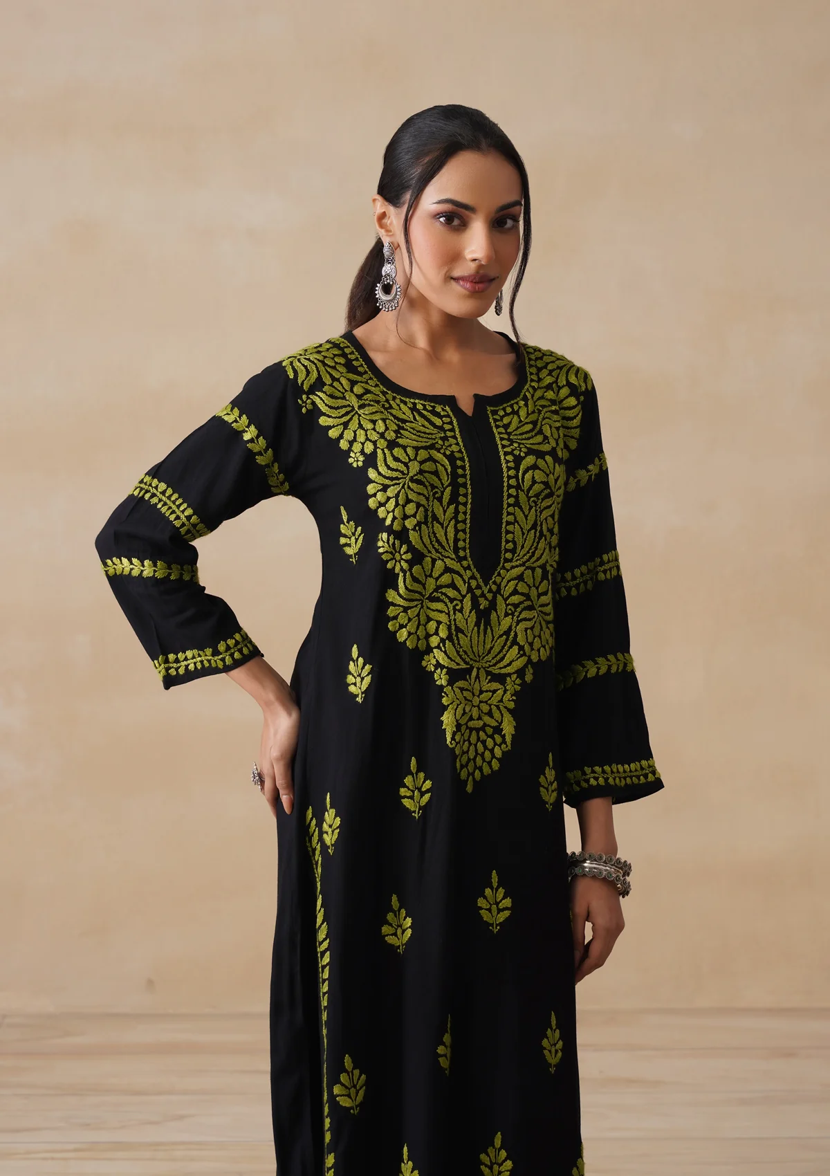 HOC Rayon Chikankari Solid Women's Long Kurta - Black - Image 4