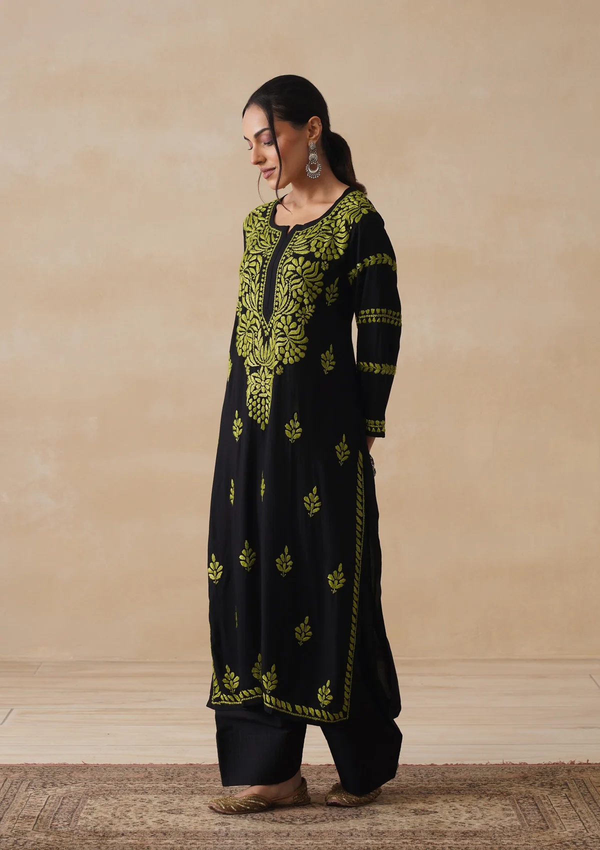 HOC Rayon Chikankari Solid Women's Long Kurta - Black - Image 5