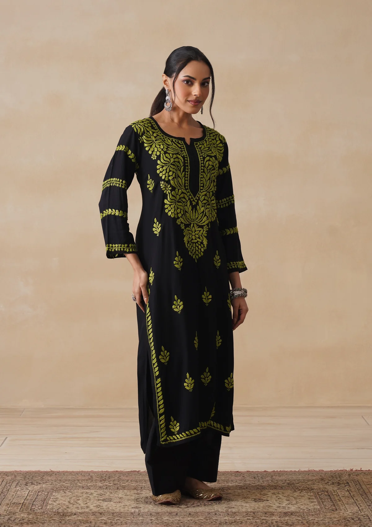 HOC Rayon Chikankari Solid Women's Long Kurta - Black - Image 6
