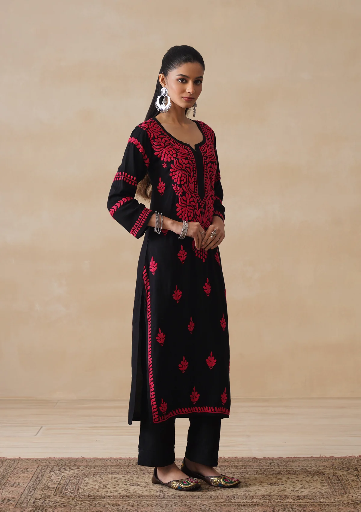 HOC Rayon Chikankari Solid Women's Long Kurta - Black - Image 4