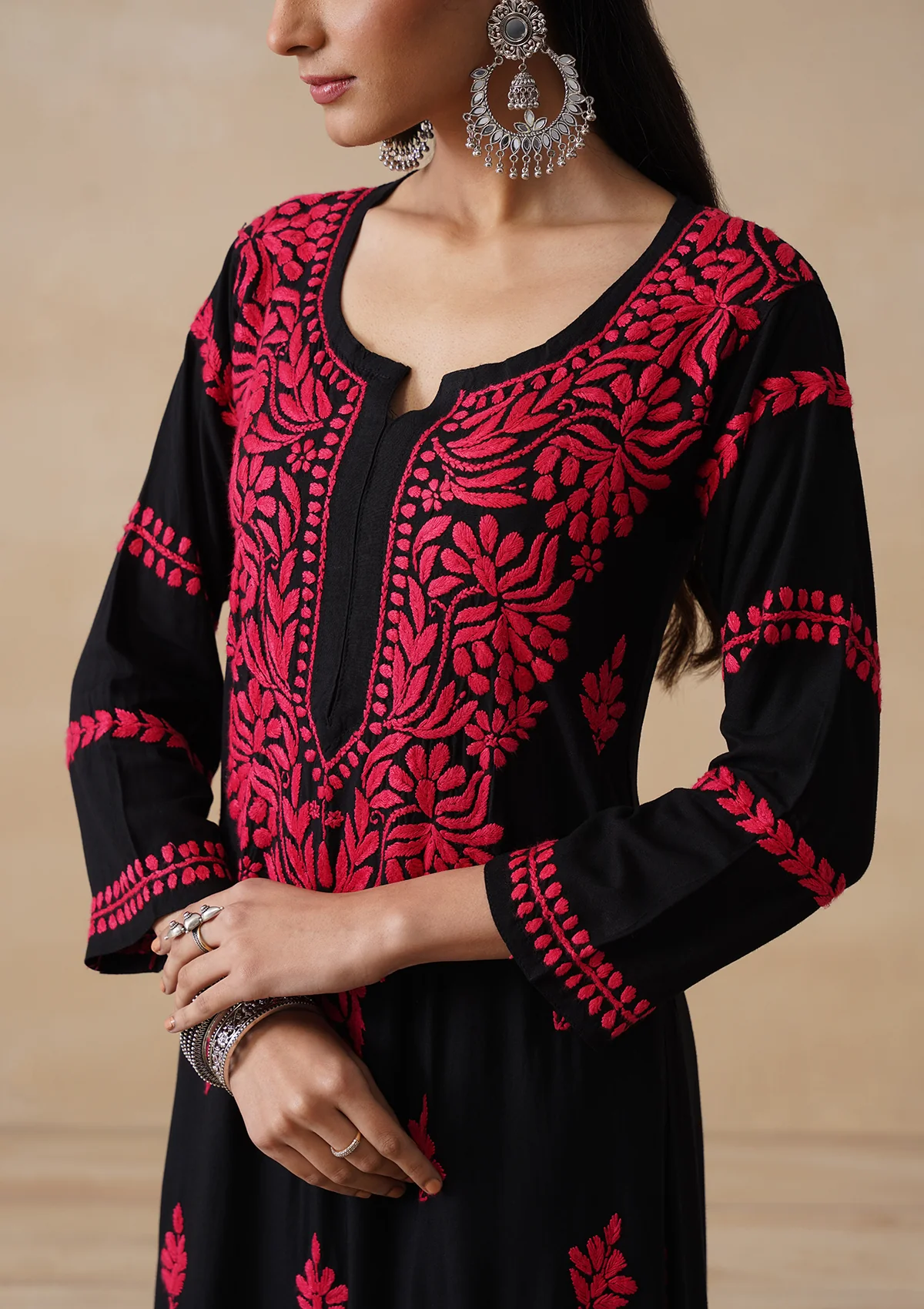 HOC Rayon Chikankari Solid Women's Long Kurta - Black - Image 5