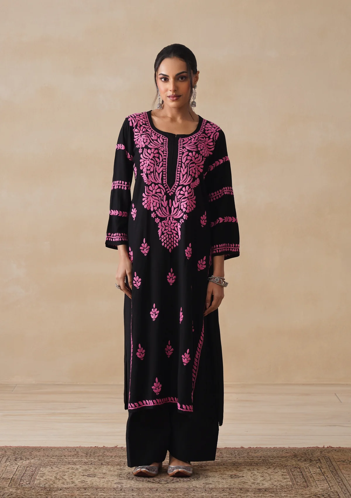 HOC Rayon Chikankari Solid Women's Long Kurta - Black