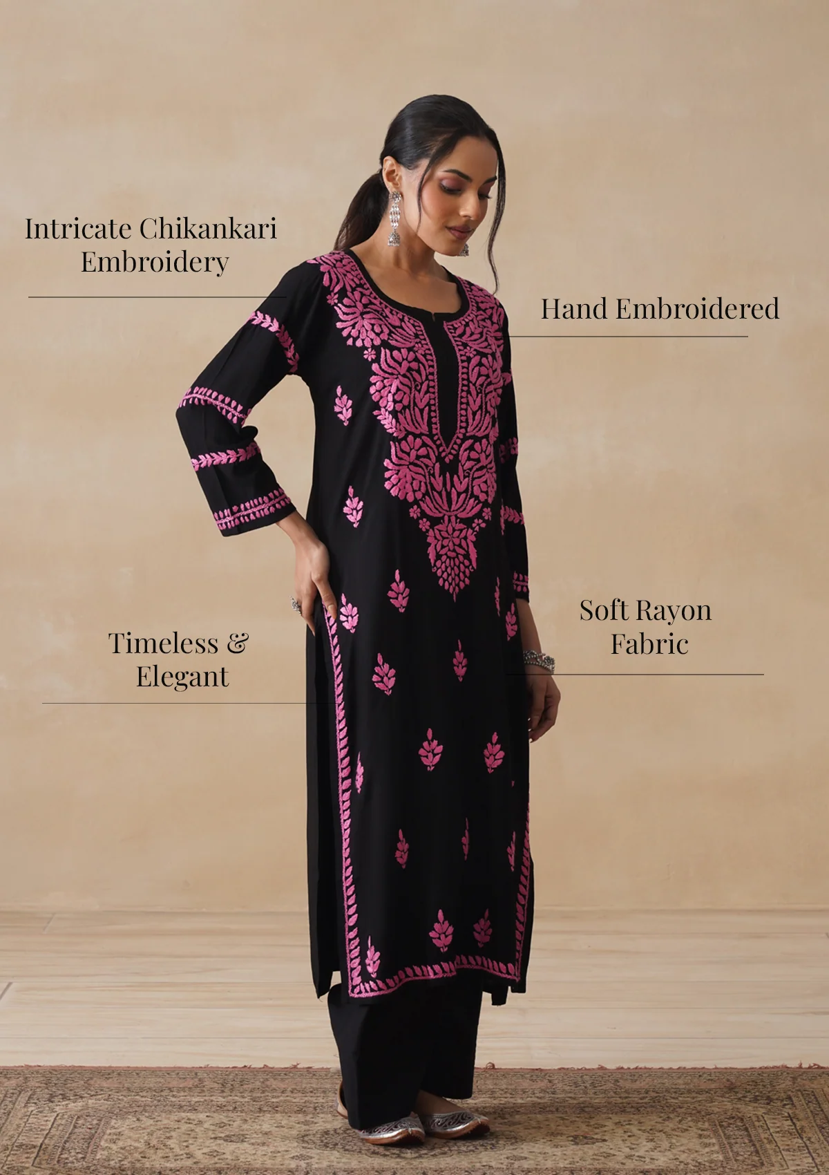HOC Rayon Chikankari Solid Women's Long Kurta - Black - Image 12