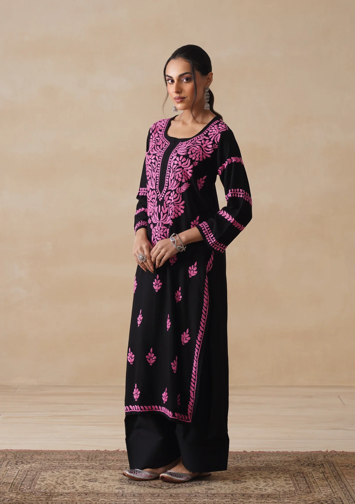 HOC Rayon Chikankari Solid Women's Long Kurta - Black - Image 6