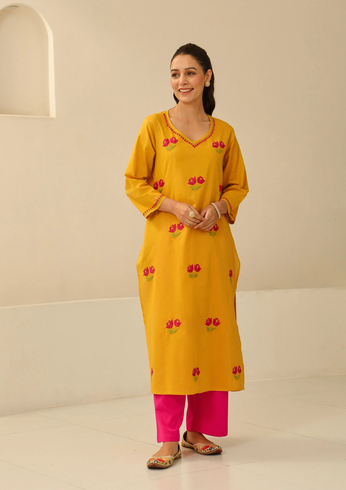 Cotton Chikankari Solid Women's long kurta - Mustard - Image 2