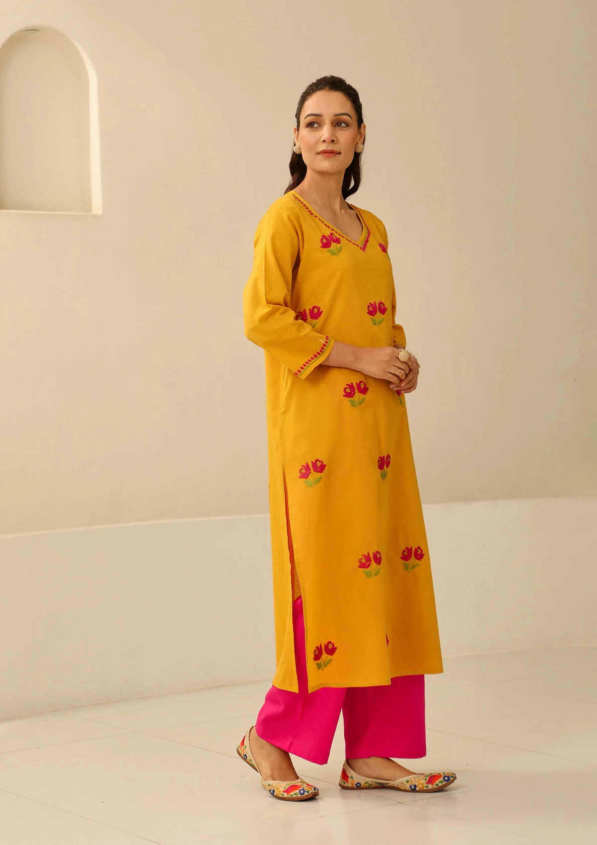 Cotton Chikankari Solid Women's long kurta - Mustard - Image 3