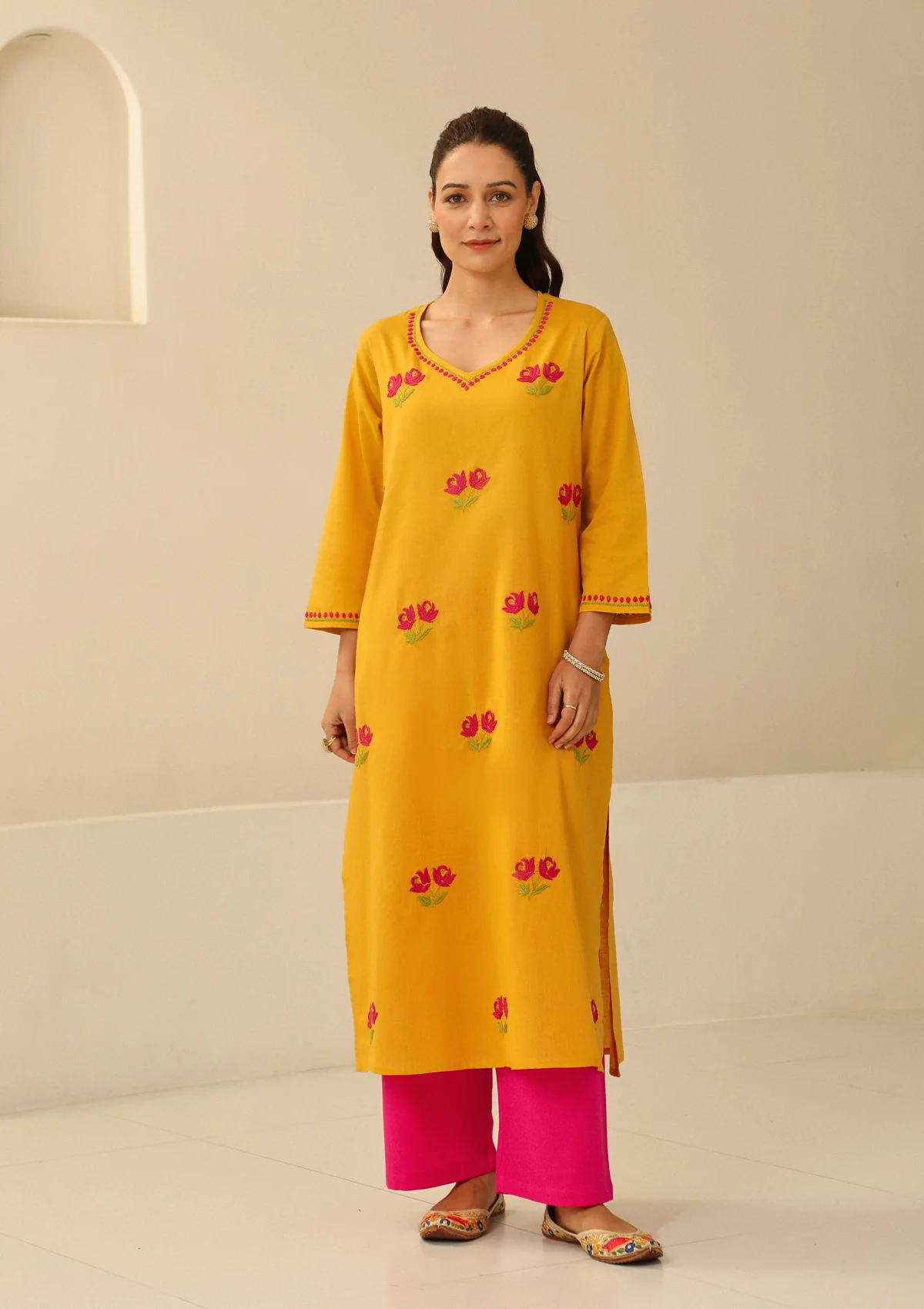 Cotton Chikankari Solid Women's long kurta - Mustard - Image 5