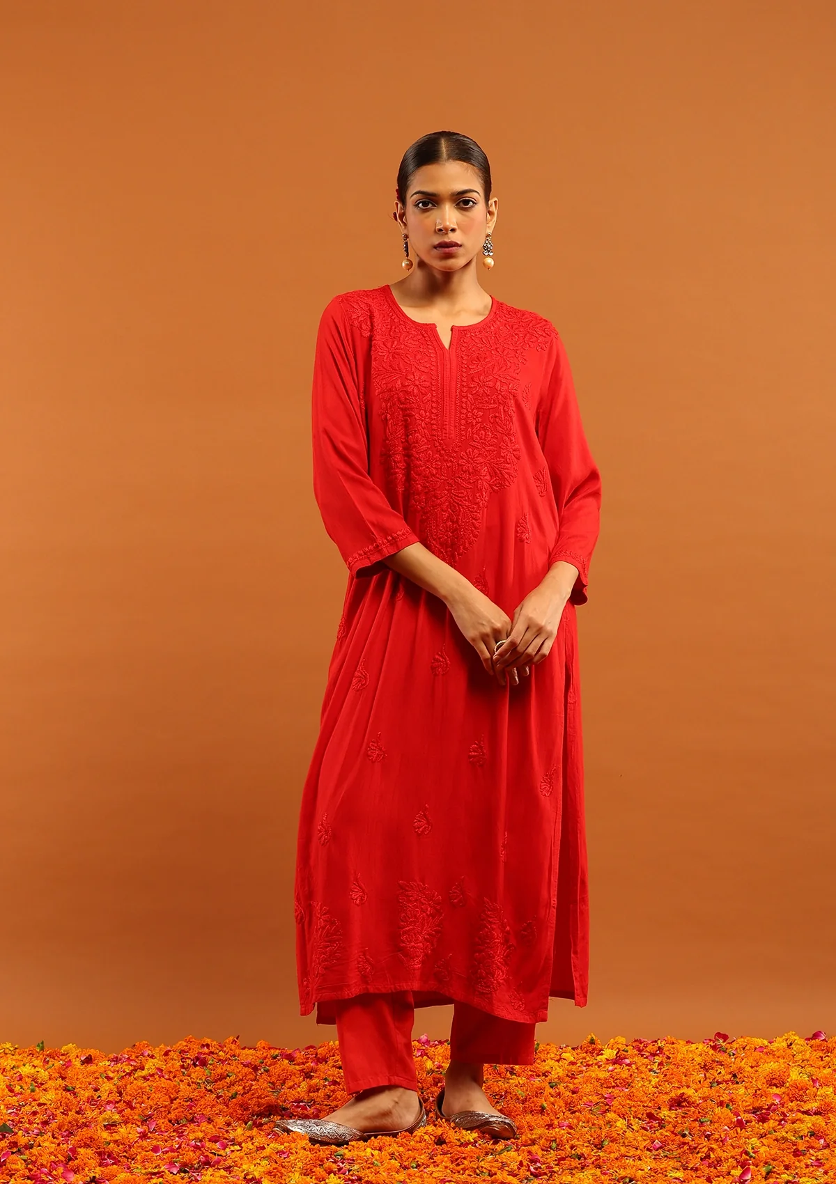 HOC Rayon Chikankari Solid Women's Long Kurta-Red
