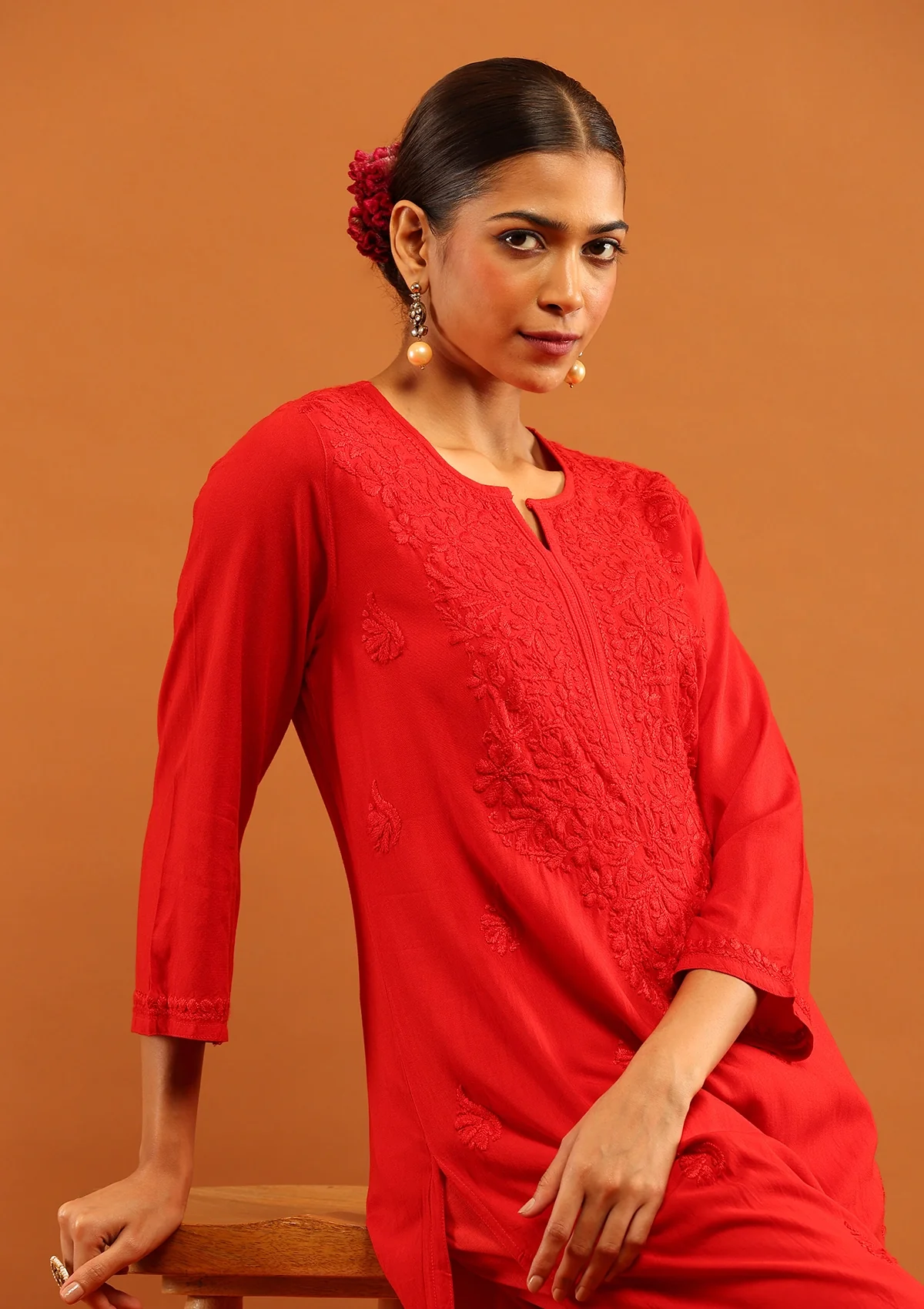 HOC Rayon Chikankari Solid Women's Long Kurta-Red - Image 2