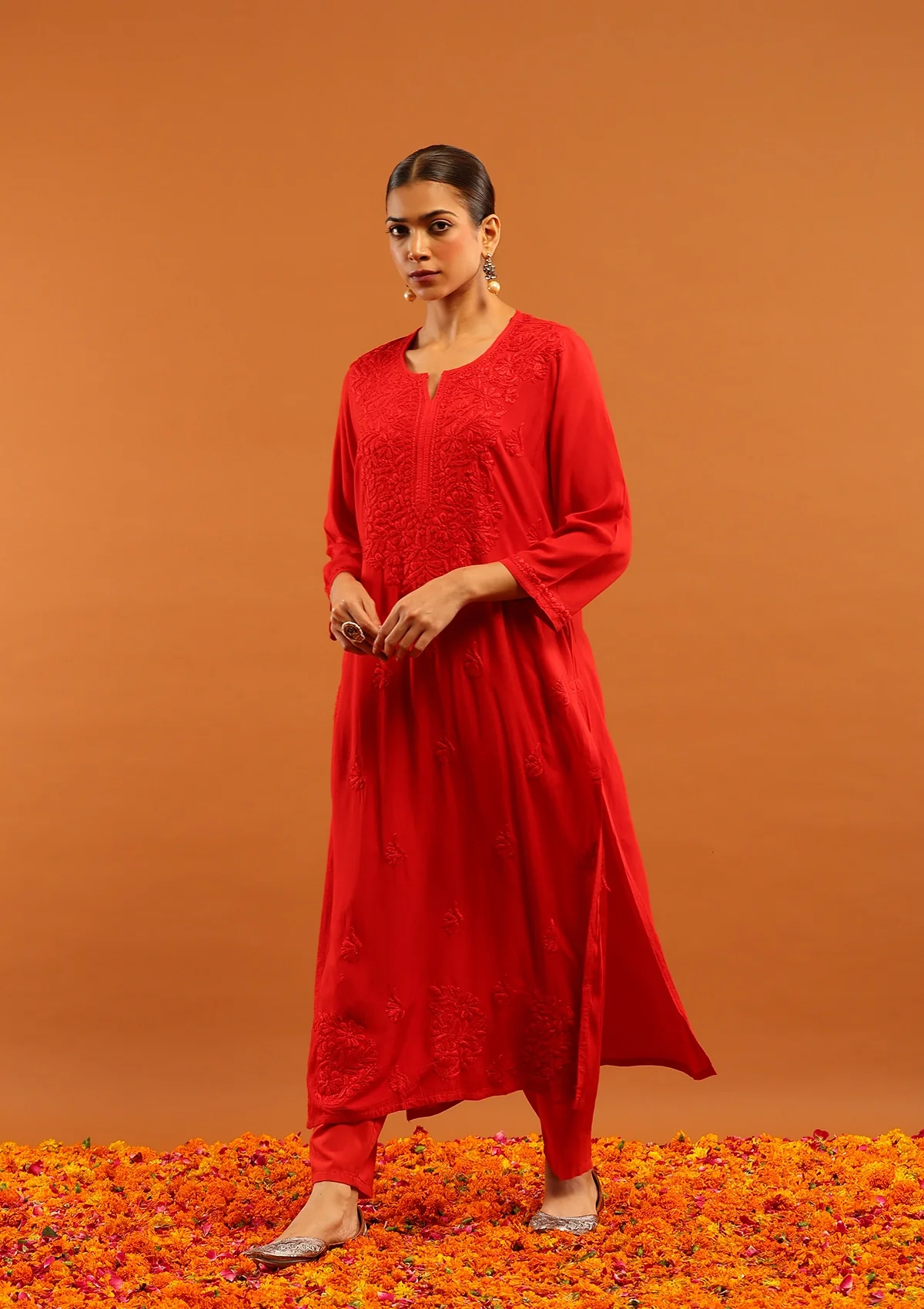 HOC Rayon Chikankari Solid Women's Long Kurta-Red - Image 4