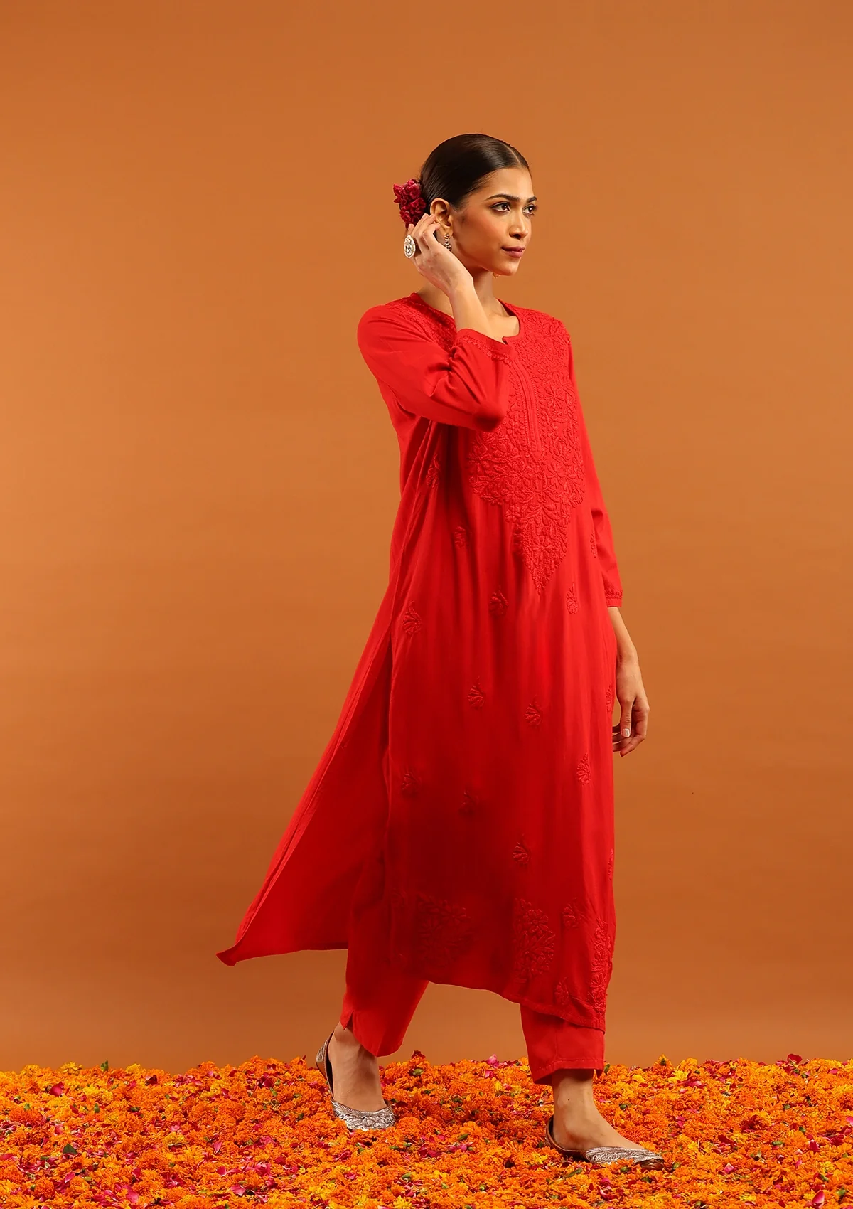 HOC Rayon Chikankari Solid Women's Long Kurta-Red - Image 5