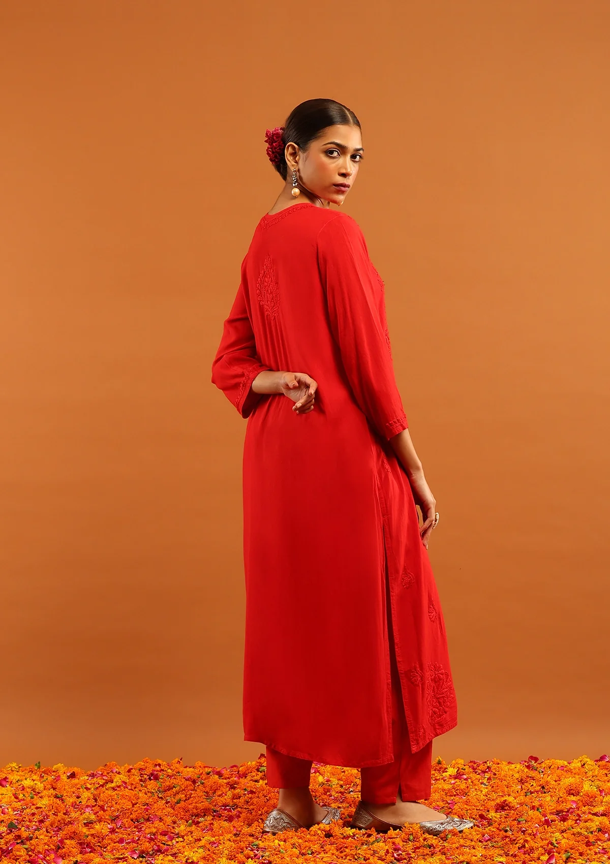 HOC Rayon Chikankari Solid Women's Long Kurta-Red - Image 6