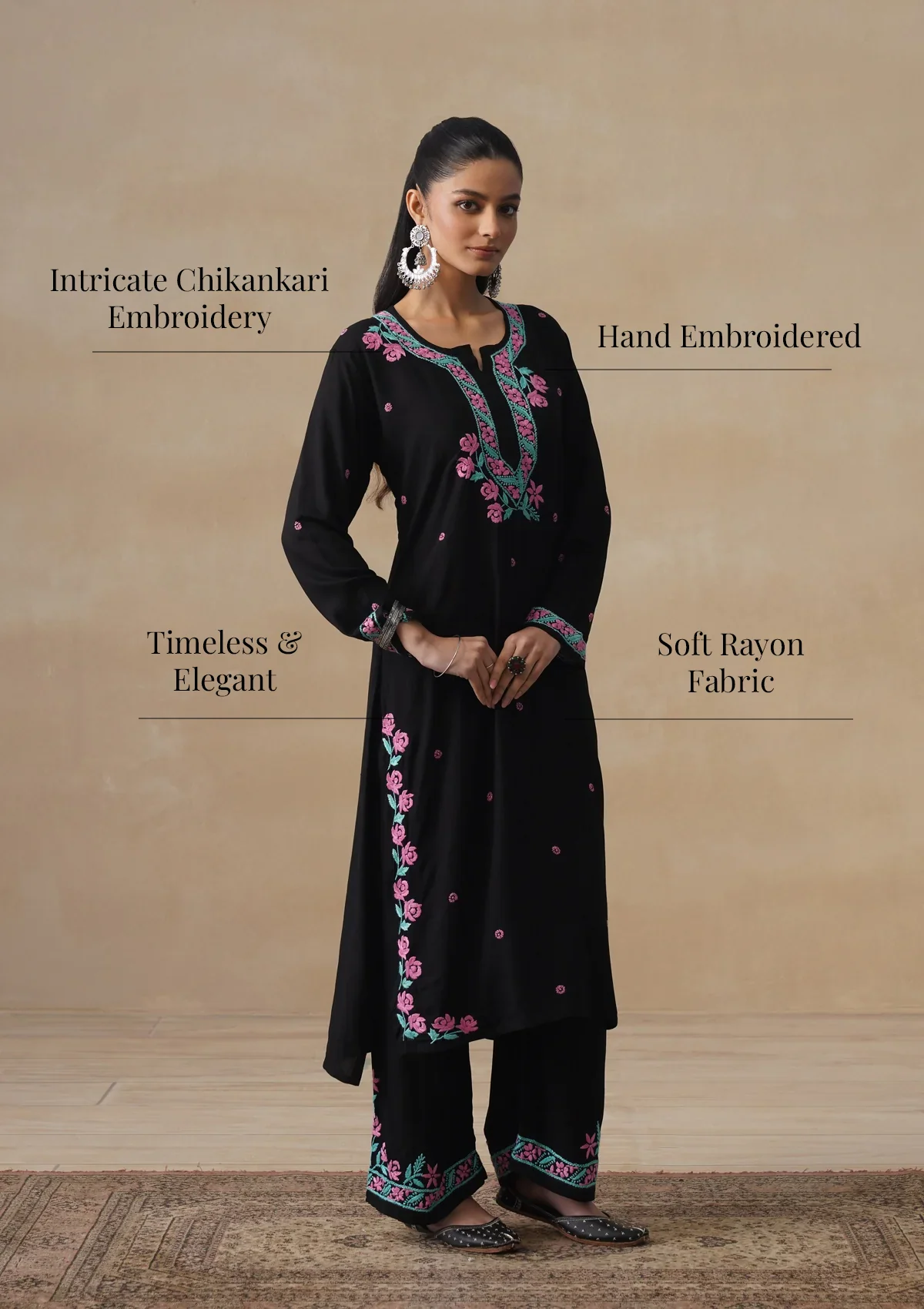HOC Rayon Chikankari Solid Women's Long Kurta Set - Black - Image 12