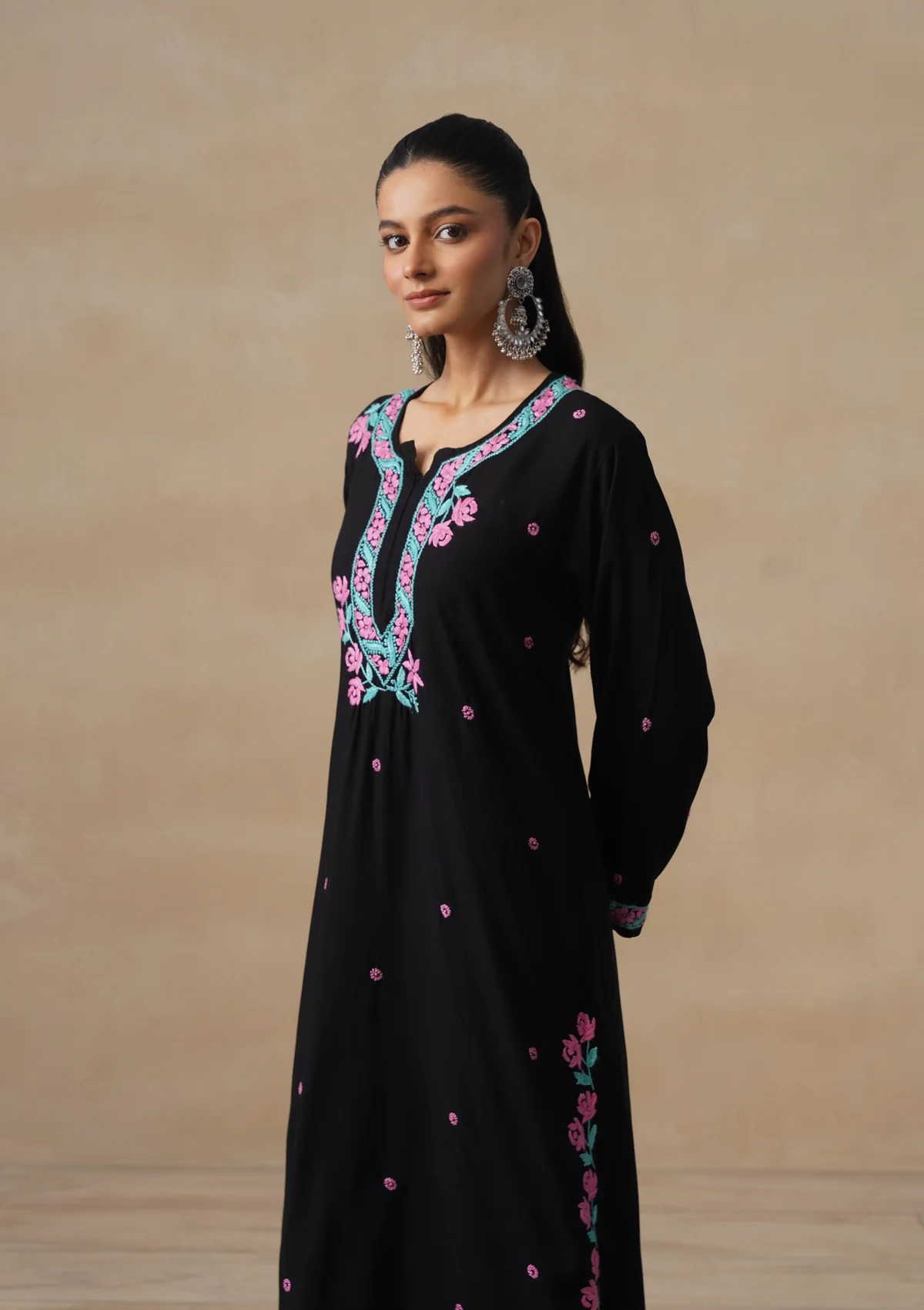 HOC Rayon Chikankari Solid Women's Long Kurta Set - Black - Image 3