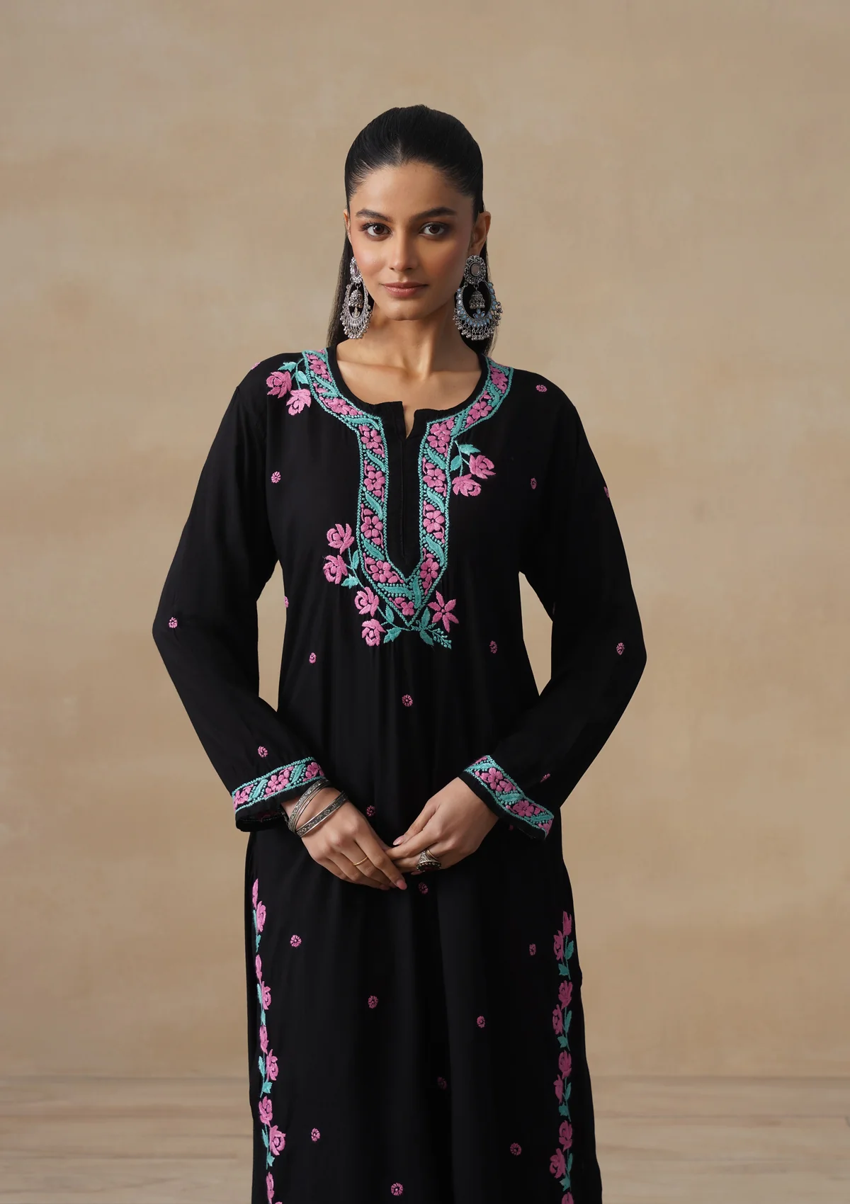 HOC Rayon Chikankari Solid Women's Long Kurta Set - Black - Image 4