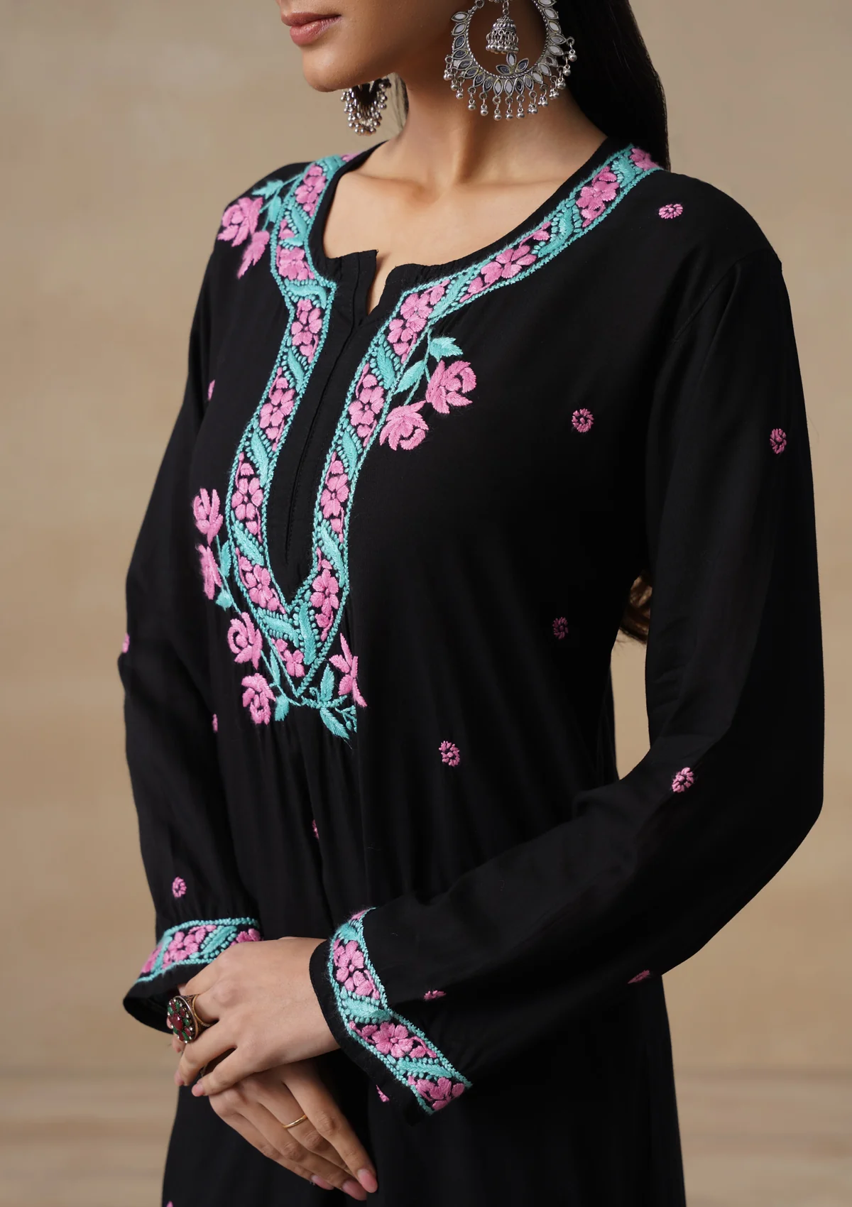 HOC Rayon Chikankari Solid Women's Long Kurta Set - Black - Image 5