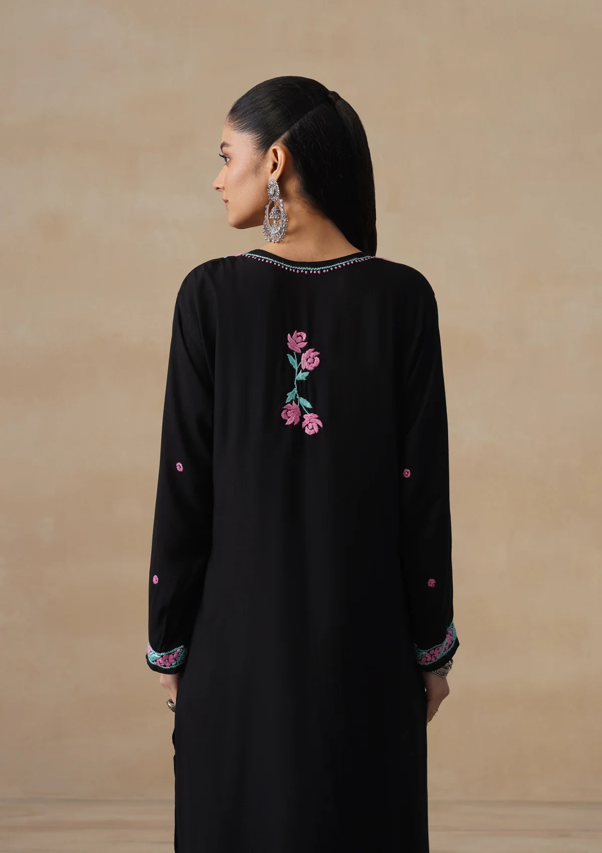 HOC Rayon Chikankari Solid Women's Long Kurta Set - Black - Image 8