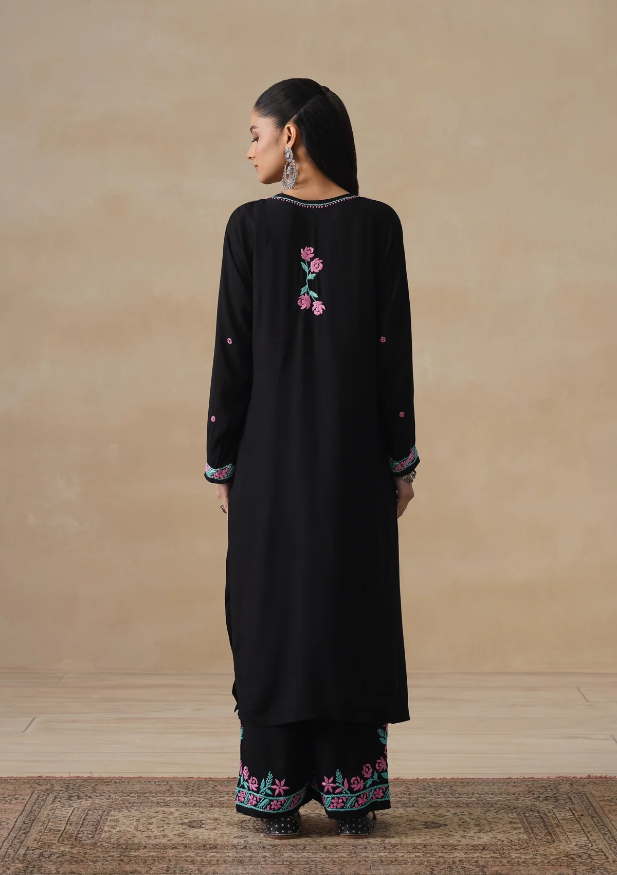HOC Rayon Chikankari Solid Women's Long Kurta Set - Black - Image 9