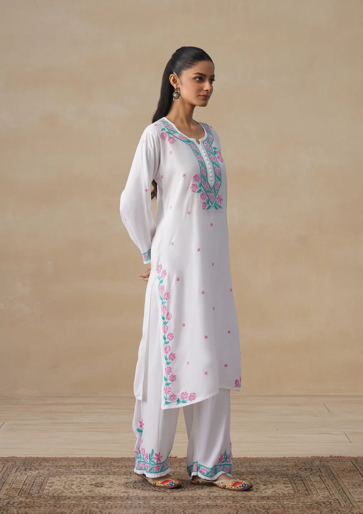HOC Rayon Chikankari Solid Women's Long Kurta Set - White - Image 2