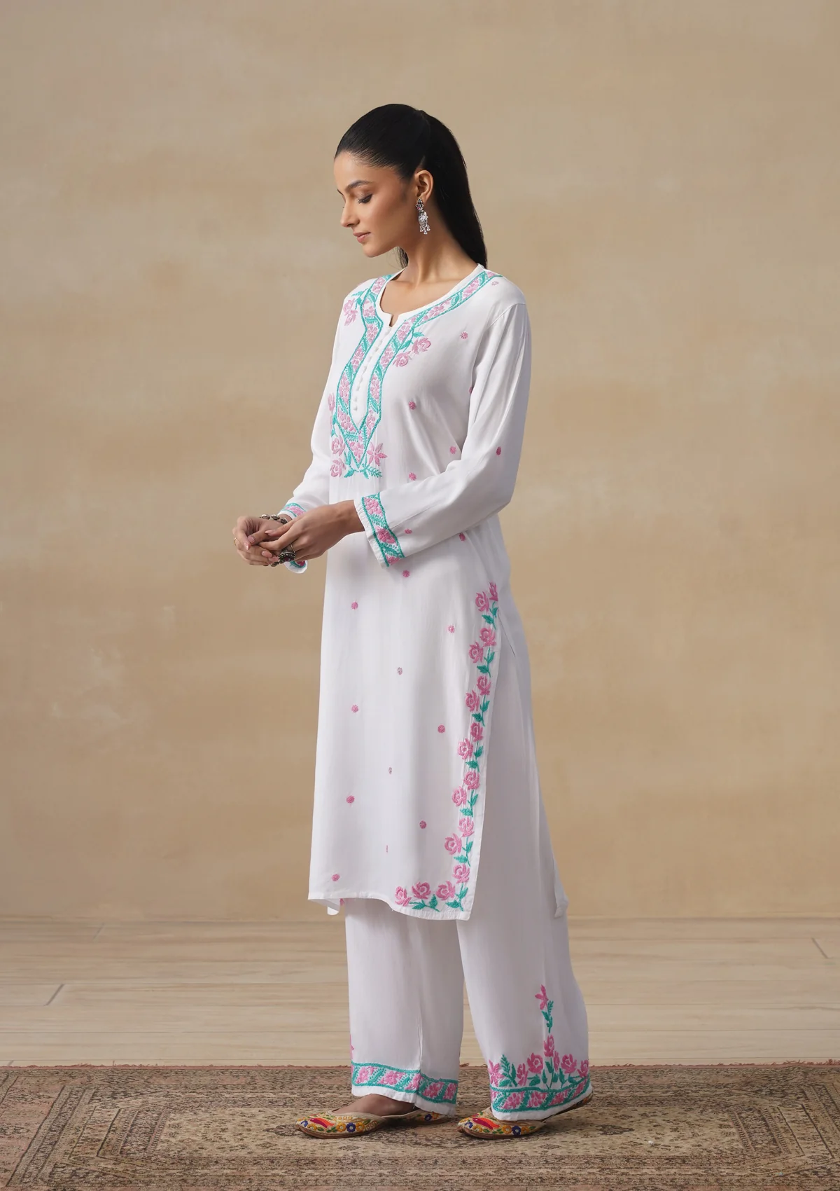 HOC Rayon Chikankari Solid Women's Long Kurta Set - White - Image 3