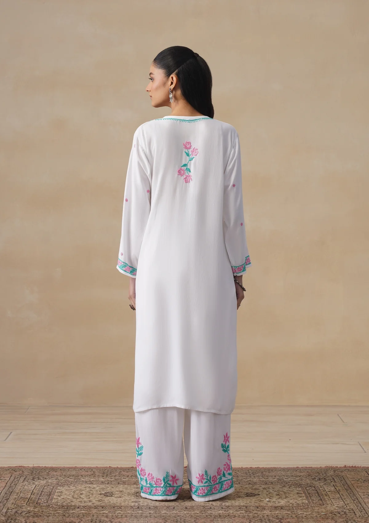 HOC Rayon Chikankari Solid Women's Long Kurta Set - White - Image 4