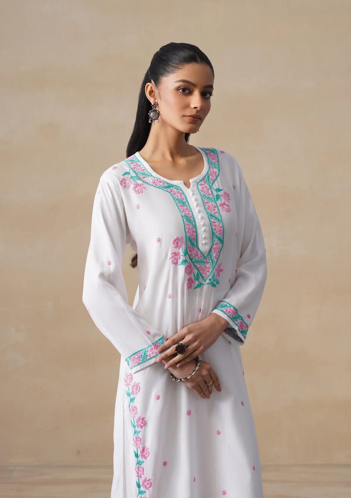 HOC Rayon Chikankari Solid Women's Long Kurta Set - White - Image 5