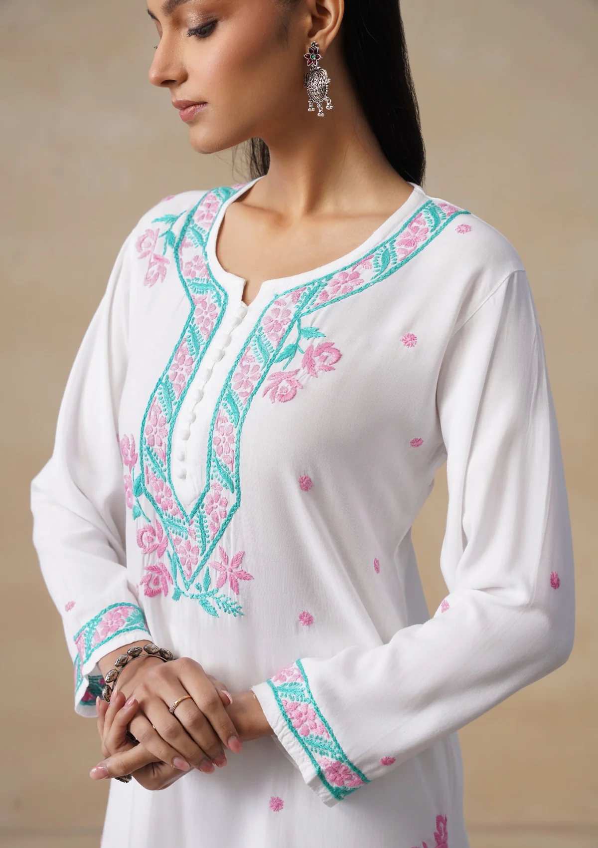 HOC Rayon Chikankari Solid Women's Long Kurta Set - White - Image 8