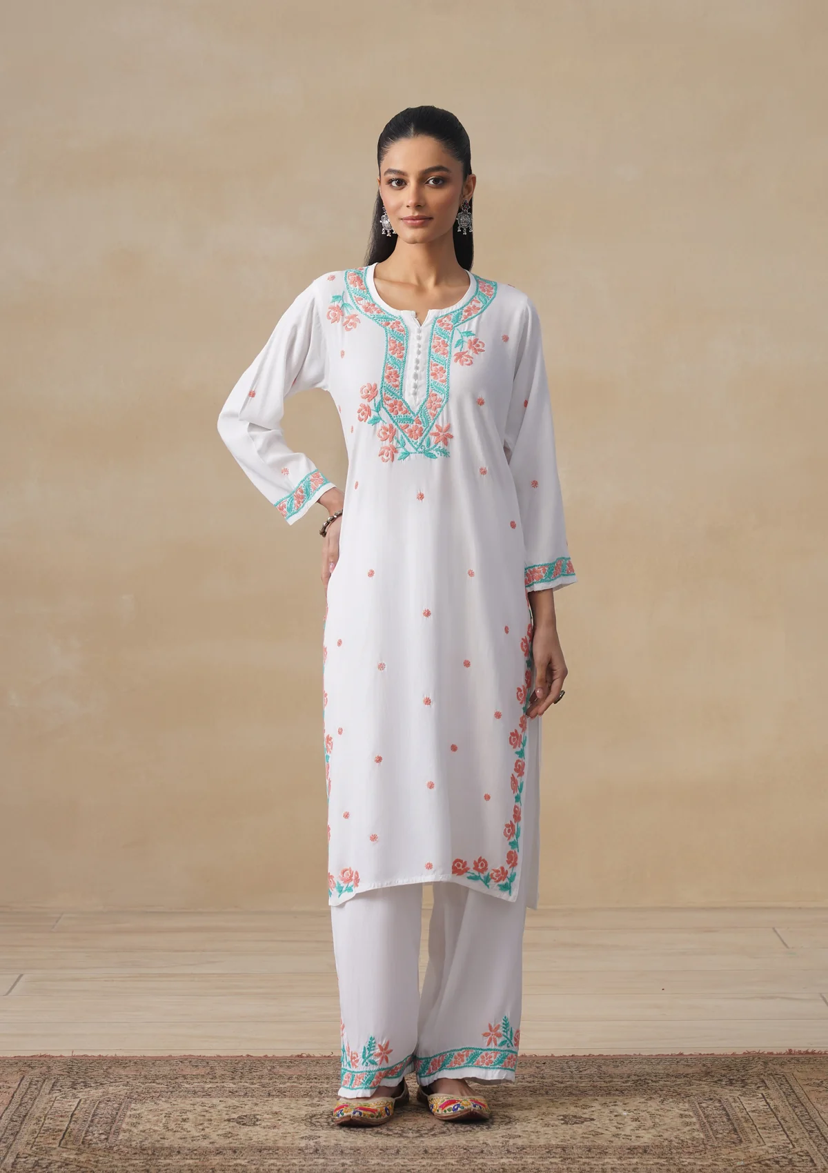 HOC Rayon Chikankari Solid Women's Long Kurta Set - White