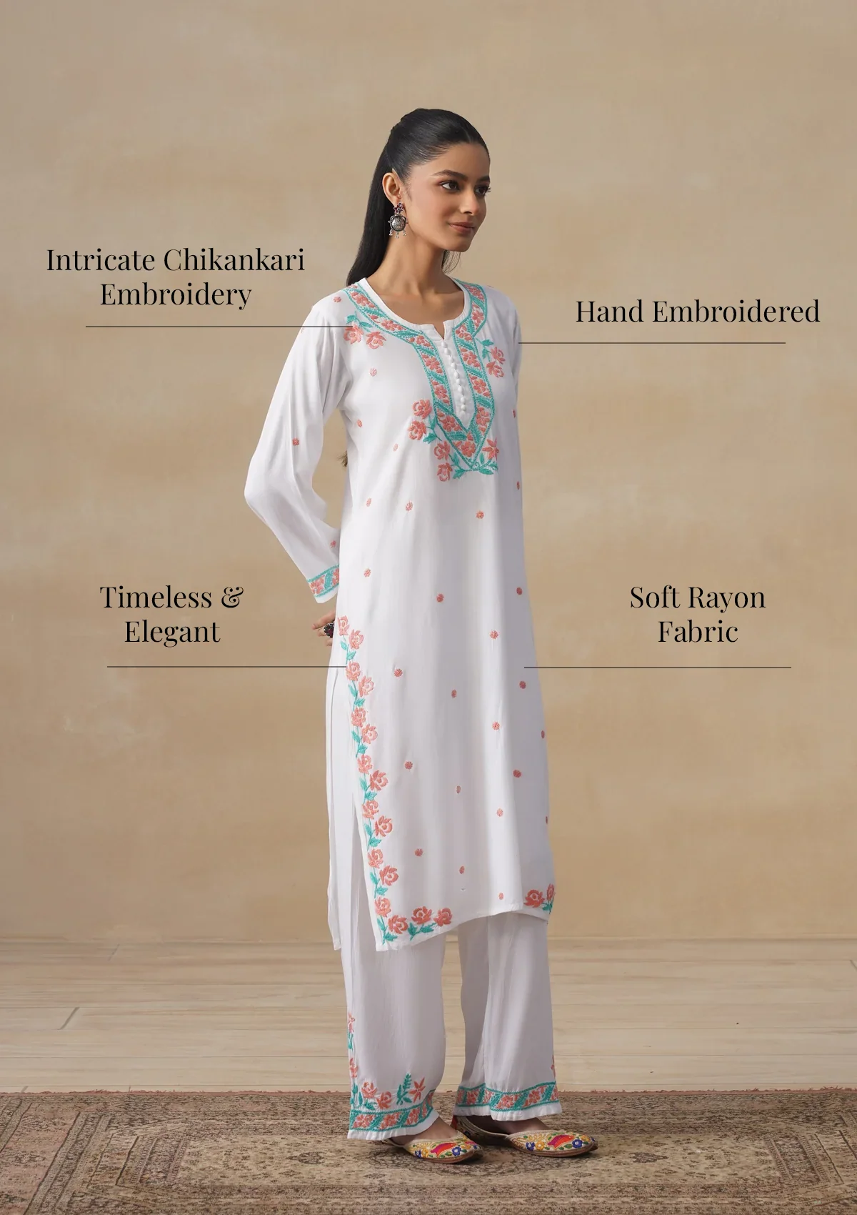 HOC Rayon Chikankari Solid Women's Long Kurta Set - White - Image 12