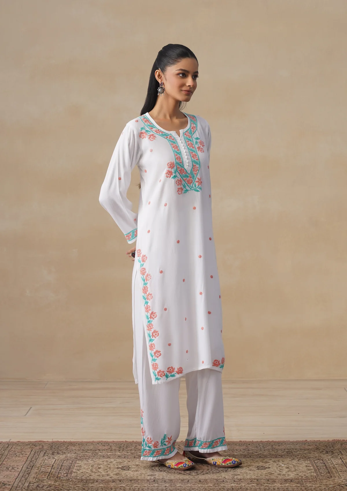HOC Rayon Chikankari Solid Women's Long Kurta Set - White - Image 2