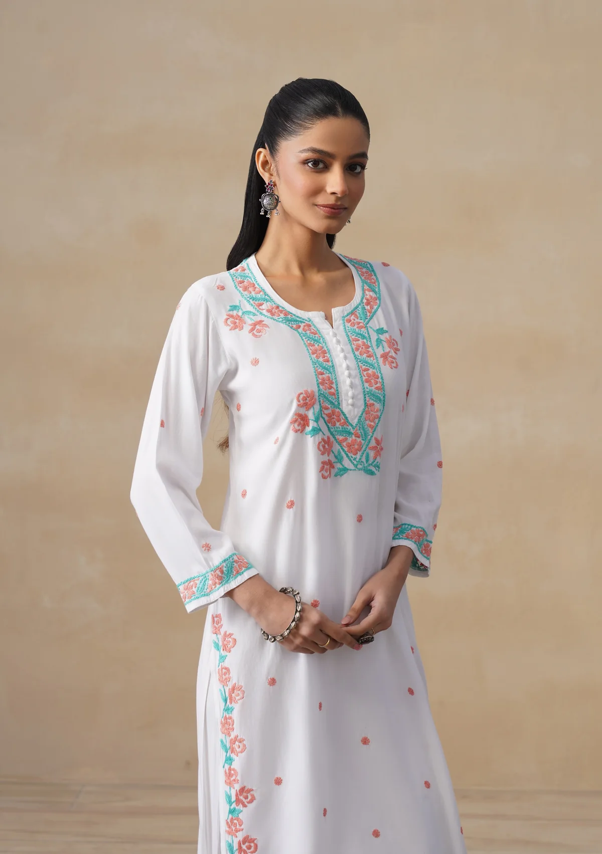 HOC Rayon Chikankari Solid Women's Long Kurta Set - White - Image 5