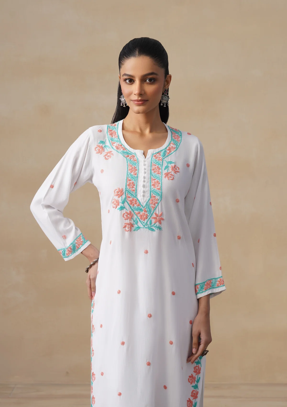 HOC Rayon Chikankari Solid Women's Long Kurta Set - White - Image 6