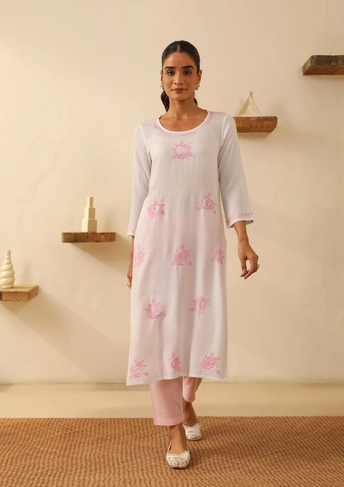 HOC Rayon Chikankari Solid Women's Long Kurta - White - Image 3