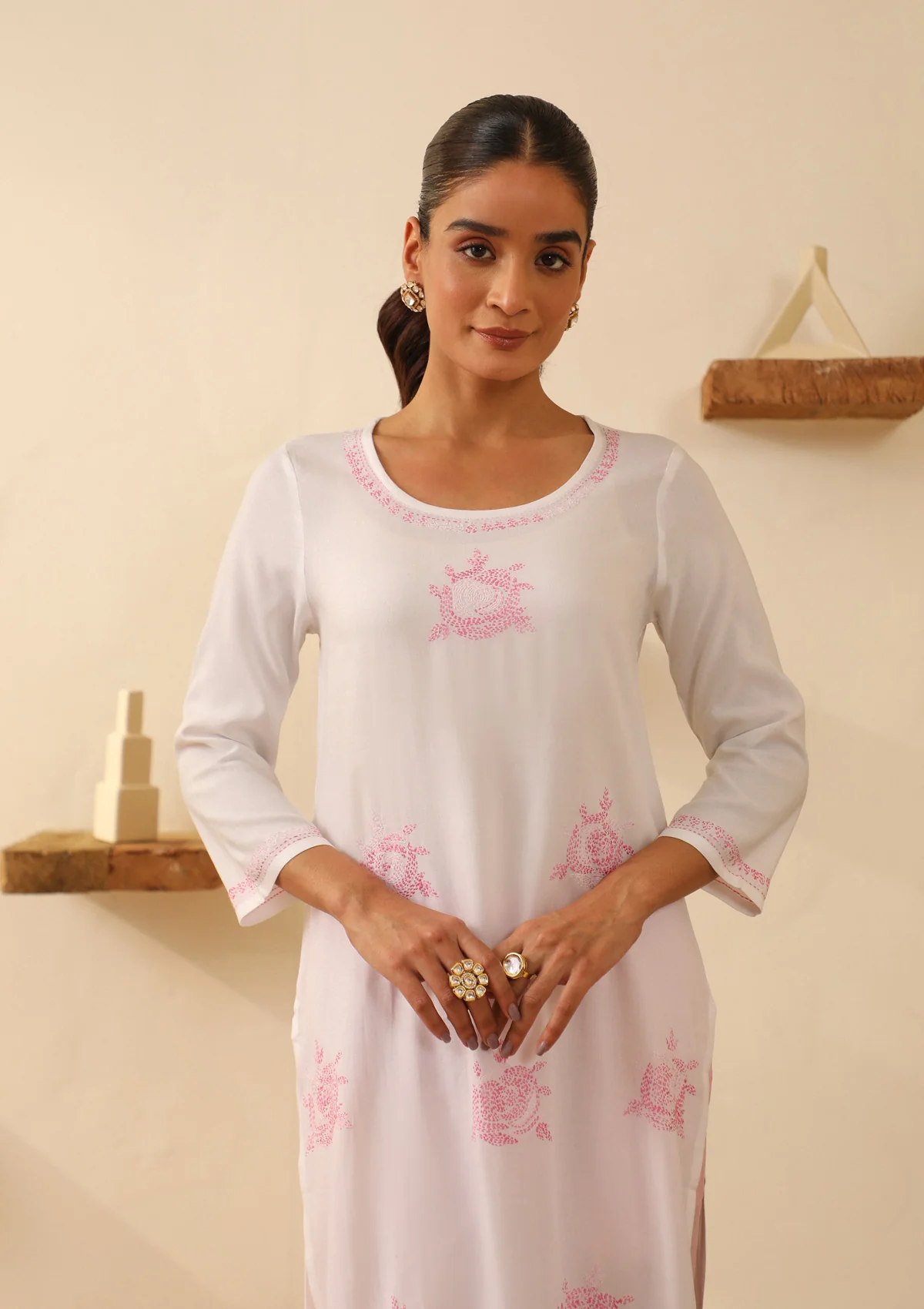 HOC Rayon Chikankari Solid Women's Long Kurta - White - Image 4