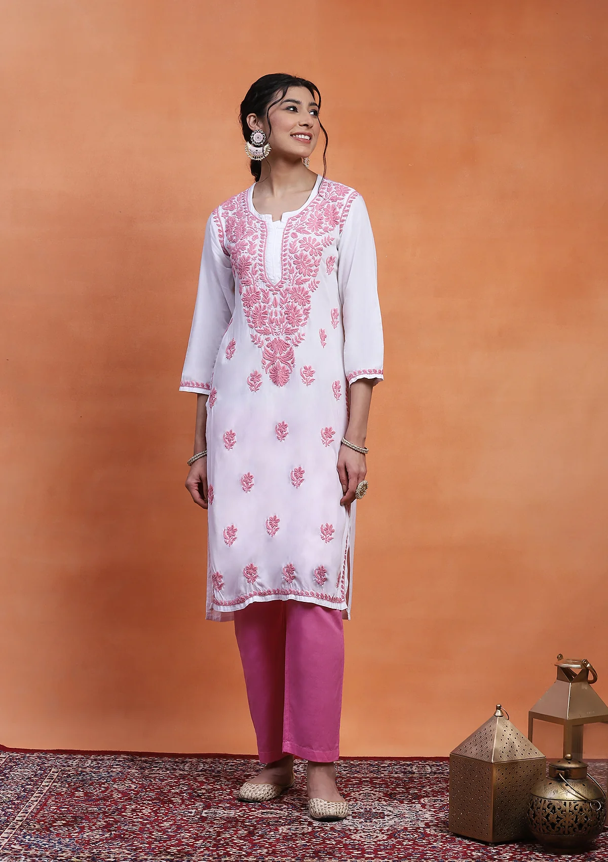 HOC Rayon Chikankari Solid Women's Long Kurta - White