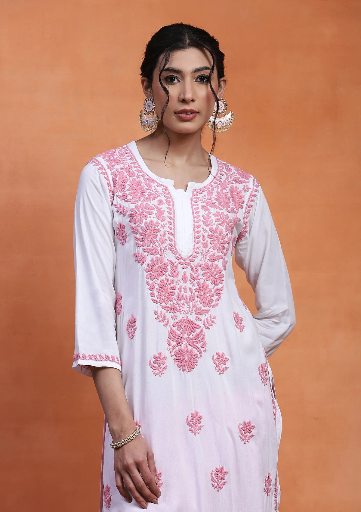 HOC Rayon Chikankari Solid Women's Long Kurta - White - Image 2