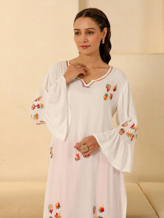 HOC Rayon Chikankari Solid Women's long kurta - White - Image 2